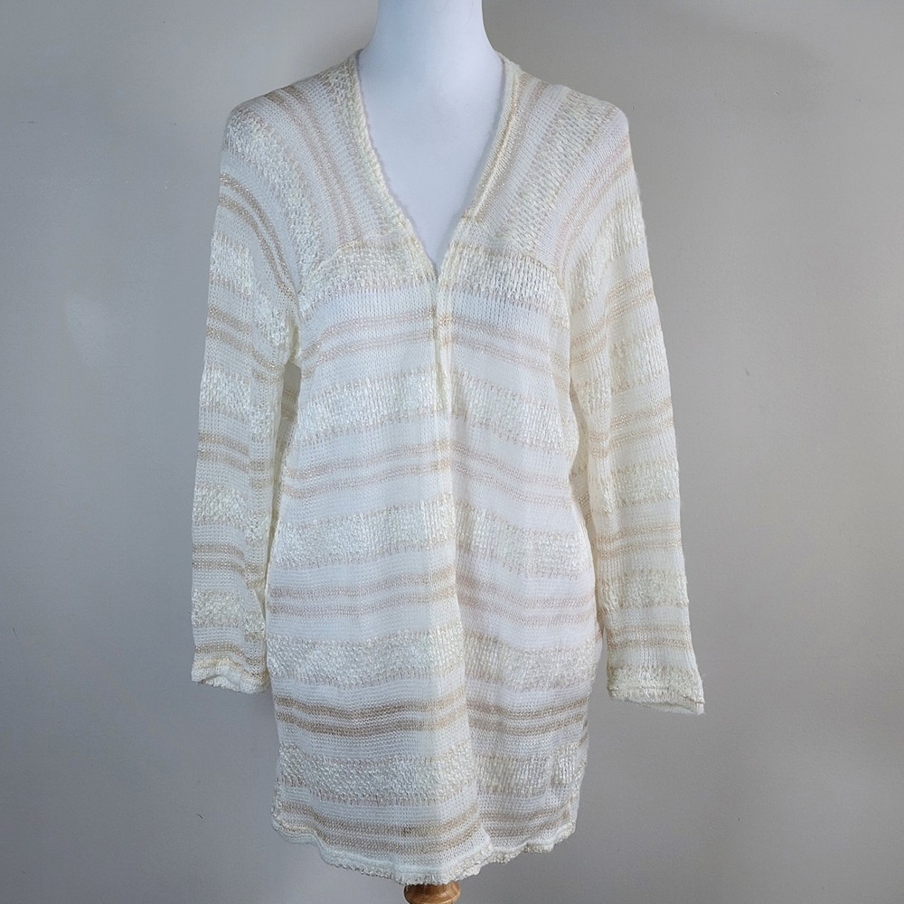 Solitaire Open Front Cardigan Womens Large White Gold Metallic Knit Shimmer Boho